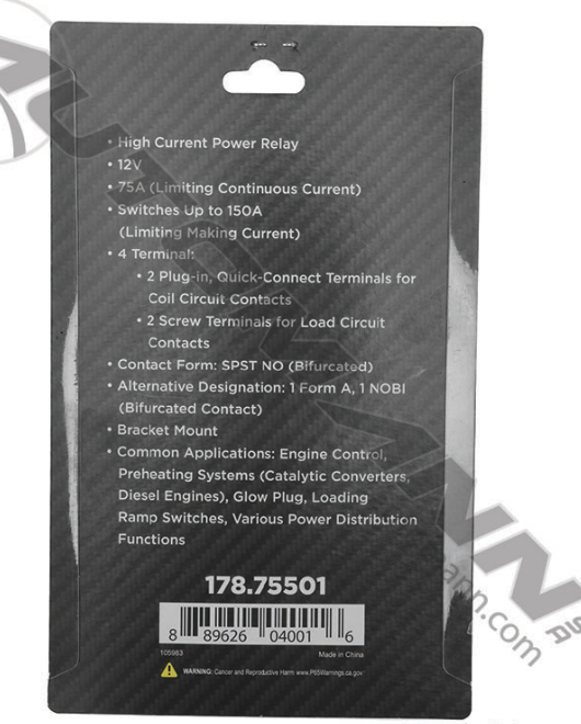 178.75501-POWER RELAY 12V 75A 2 PLUG 2 SCREW TERM