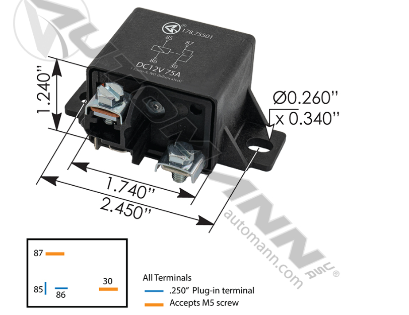 178.75501-POWER RELAY 12V 75A 2 PLUG 2 SCREW TERM
