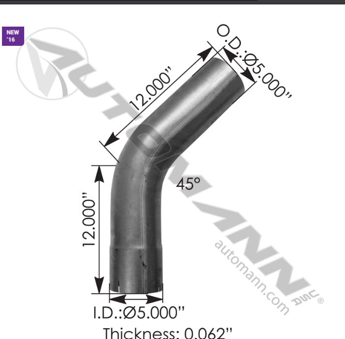 562.U4545E12C-EXHAUST ELBOW 45 DEG 5IN ID-OD CHROME